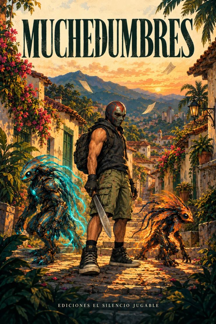 Portada de Muchedumbres: el protagonista enmascarado junto a Bruma y Lumbre en una calle de Cali al atardecer