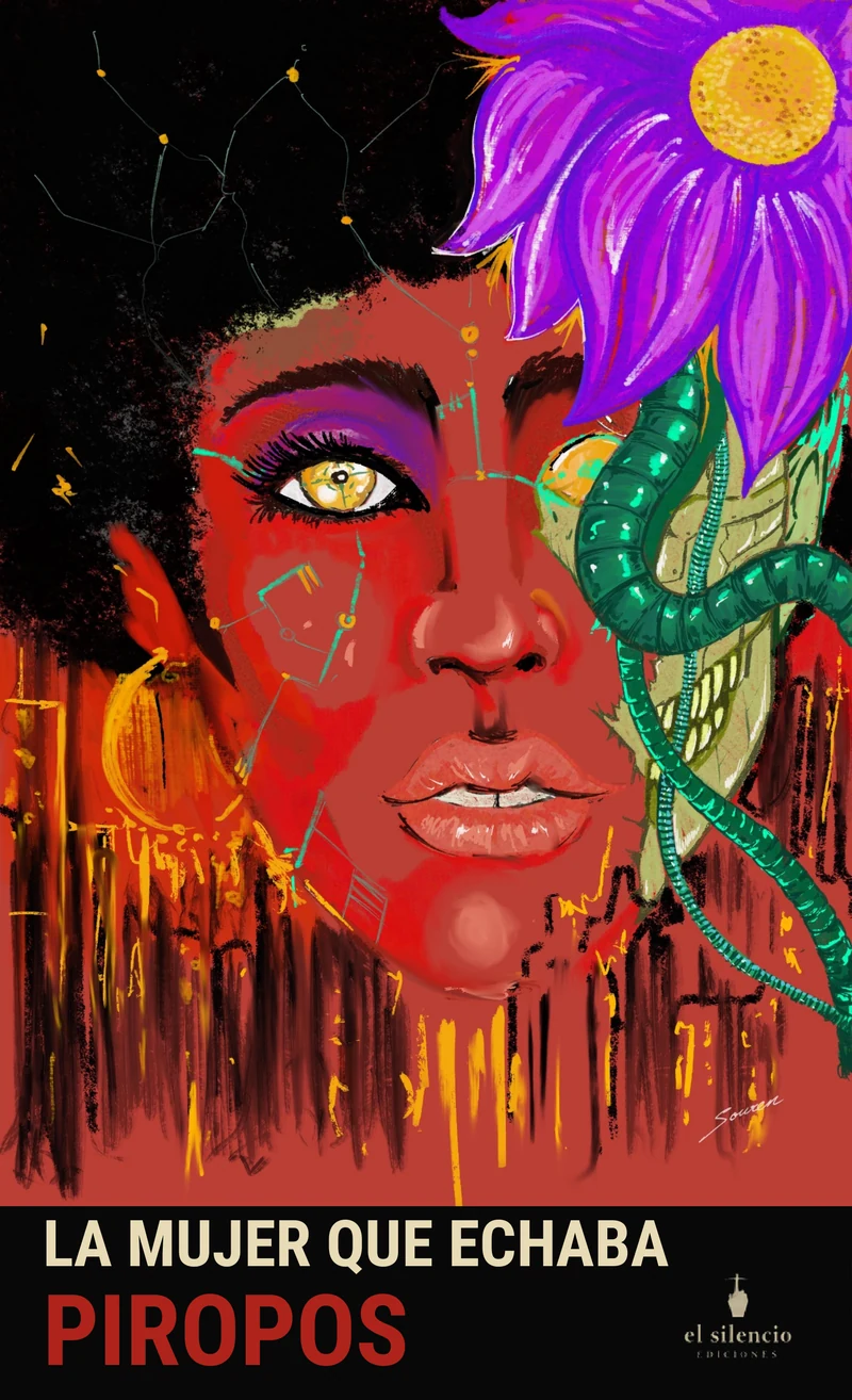Portada de La mujer que echaba piropos: rostro de una mujer entre circuitos, una serpiente y una flor violeta.