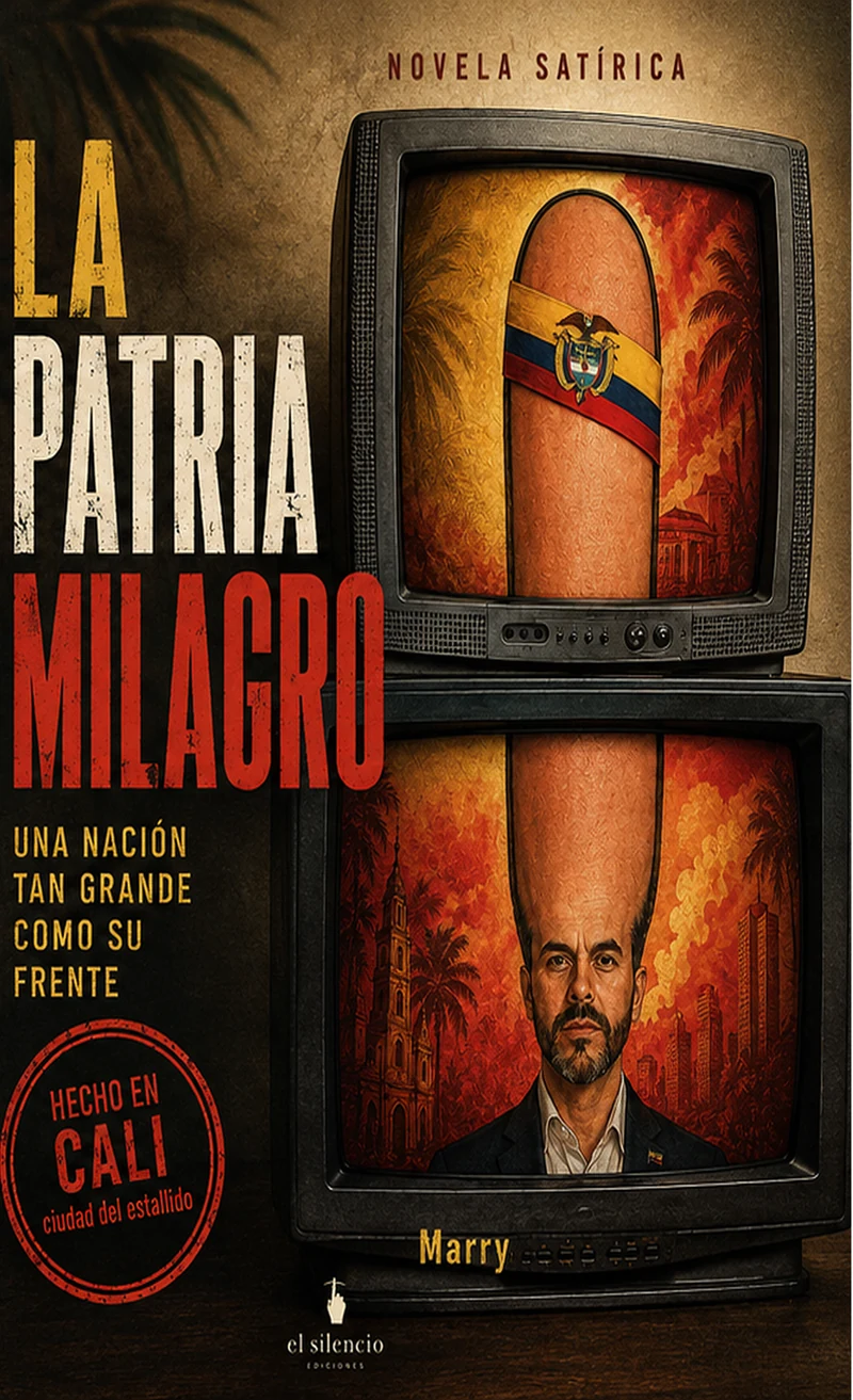 Portada de La patria milagro, de Marry: dos televisores componen el retrato satírico de un gobernante.